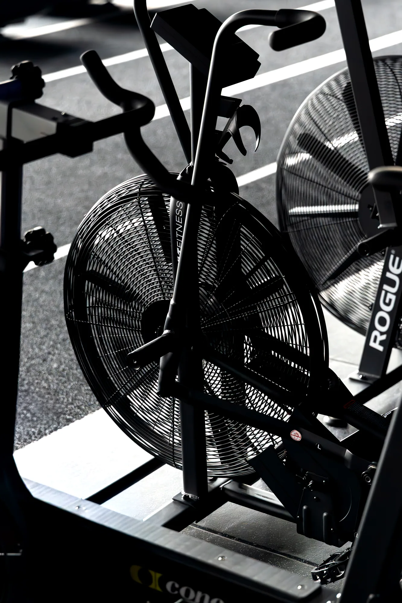 Air bikes lined up on the conditioning floor at ONE PULS