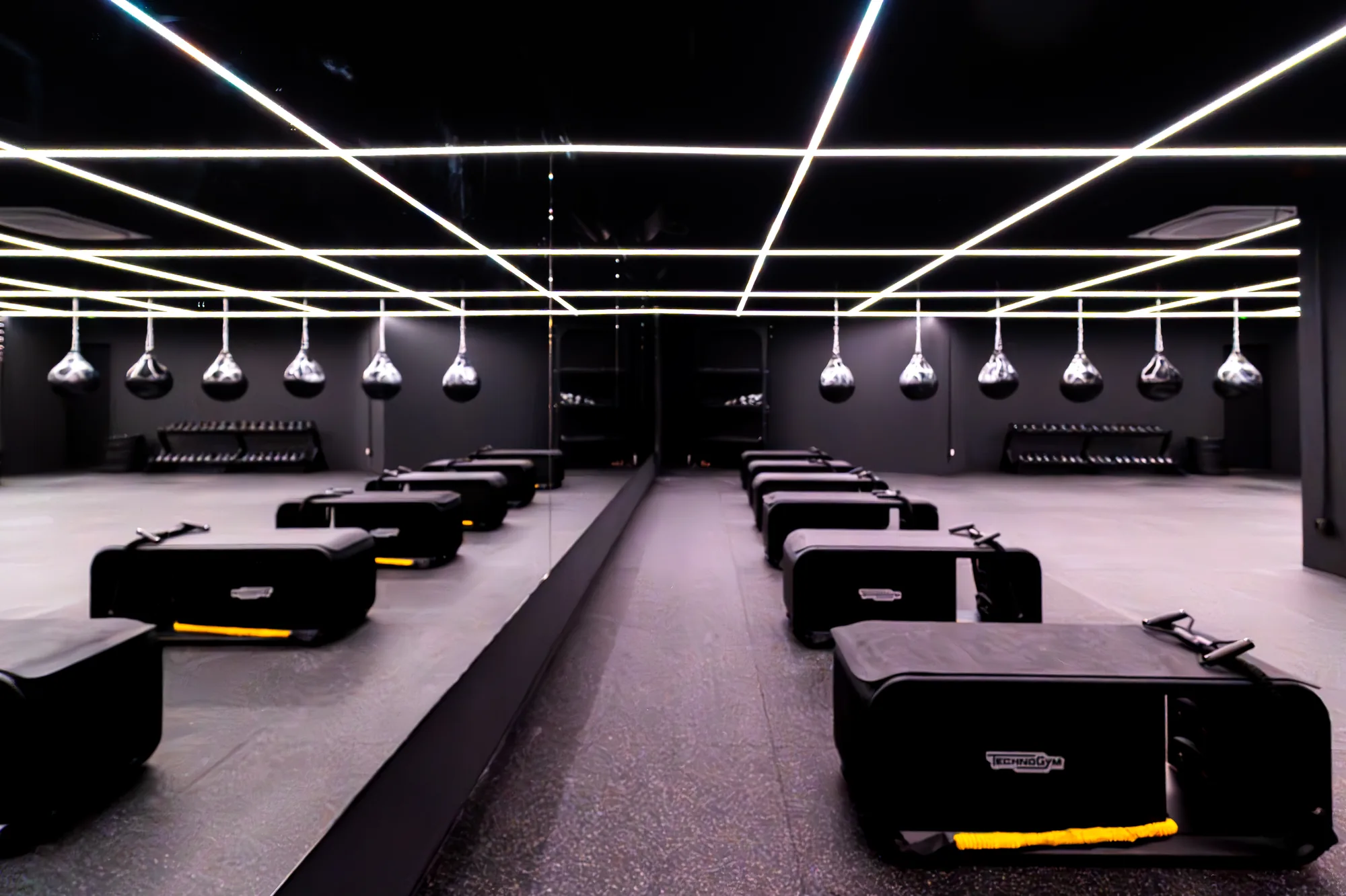 Boost room with punch bags and neon light lines at ONE PULS Brussels